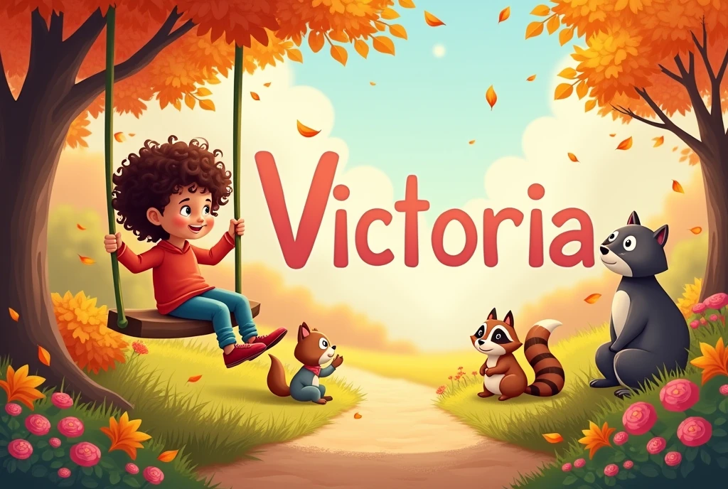 beautiful big garden in autumn leaves flying,A Tree Swing,various animals, squirrel, raccoon,an indian , smiling child , with curly hair on the swing playing, flowers along the dirt road,large image of the name Victoria written in light baby pink in the background, high resolution ,width twice as large as height