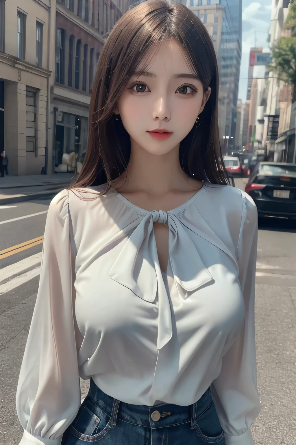 One Girl, 1 person,Highest quality,High resolution,超High resolution,8k,Realistic,Upper Body,encounter_audience,Large Breasts, the body is slim,(blouse:1.2)