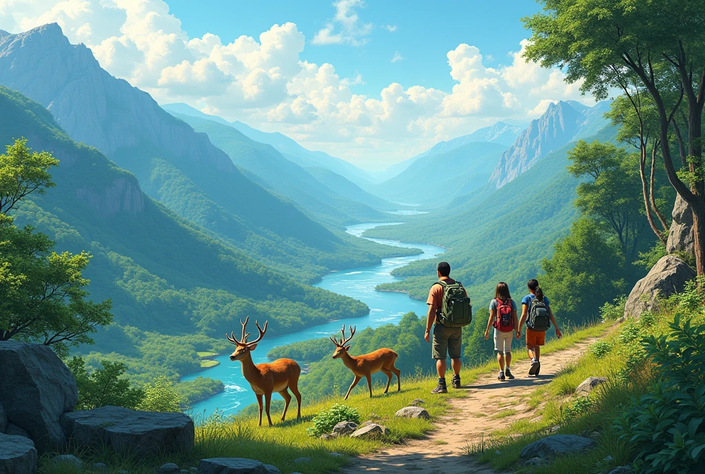 A family hikes a mountain trail overlooking a valley bursting with vibrant life. Crystal-clear rivers flow below, and restored forests stretch as far as the eye can see. Children point with wonder at a family of deer gracefully bounding through the undergrowth.