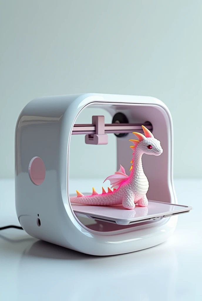 3d printer with a smal white and pink 3d printet flexible dragon, made by Schelly3DPrints