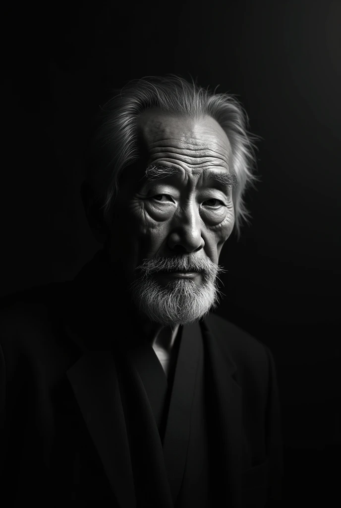 using black and white colors create a photo with the Japanese definition for sensei and with the digital marketing definition for dark. Character's Name: sensei do dark