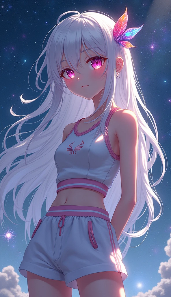 a youthful girl, sportswear, long white hair, messy floating hair, colored inner hair, starry sky adorns hair, delicate face, beautiful detailed eyes, stars in the eyes, medium breasts, looking at viewer, standing in the galaxy, arms behind back
