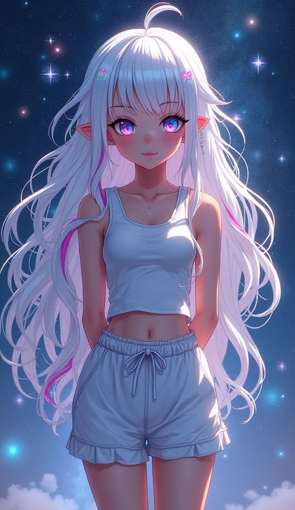 a youthful girl, sportswear, long white hair, messy floating hair, colored inner hair, starry sky adorns hair, delicate face, beautiful detailed eyes, stars in the eyes, medium breasts, looking at viewer, standing in the galaxy, arms behind back
