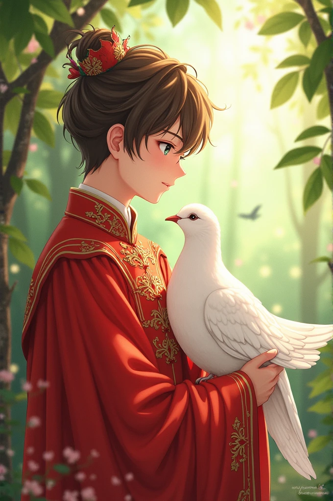 (anime) Create the prince of plants Expression sweet dressed in red and accompanied by his pet a white dove