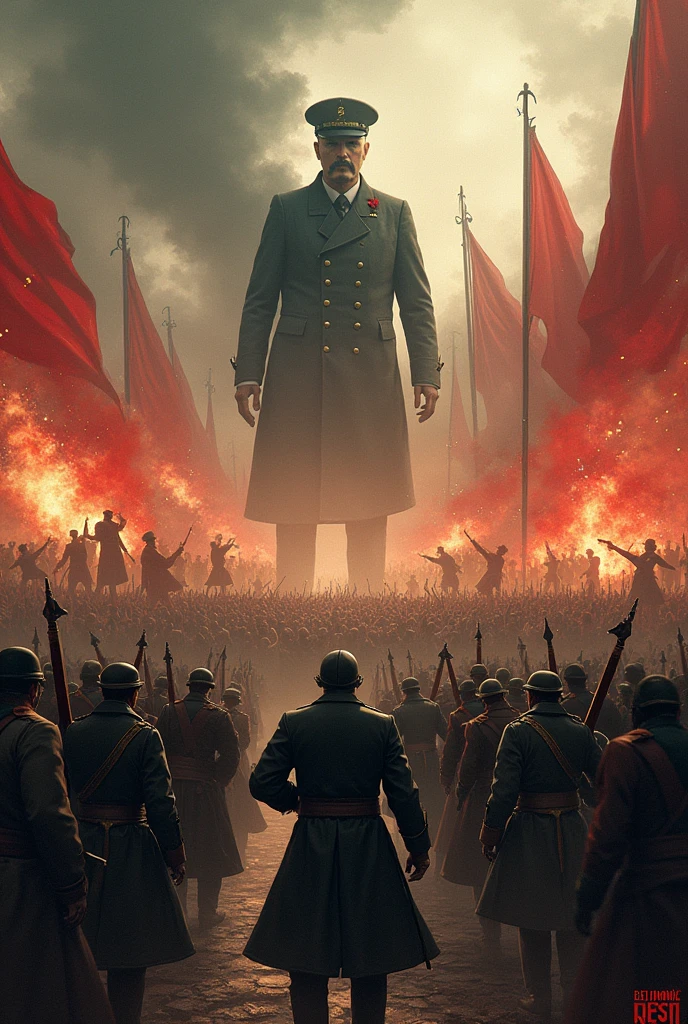 Russian Revolution, end of the Tsarist empire, The Bolsheviks and Mensheviks on two opposite sides, higher than the rest of the people, leading people, below all of them, There is a green army (with green uniform), a black army (with black uniform, a white army (with white uniform)and the nationalists, with some important faces in the background, like Vladimir Lenin, Leon Trotsky and Joseph Stalin.