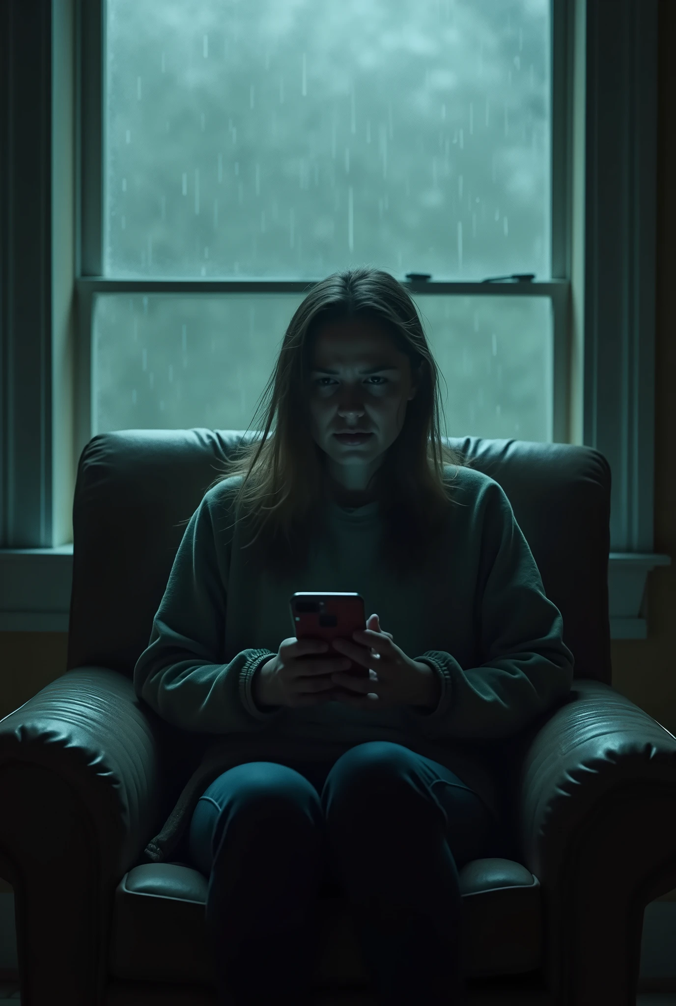 A scared woman with a spooky rainy background indoors holding a phone, sitting in an armchair in front of the window, and it needs to be a video