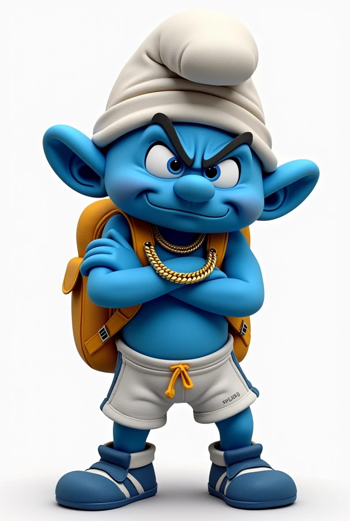 smurf mascote,  marrento, with gold chain around his neck, backpack on back,  with futsal player shorts, crossed arms