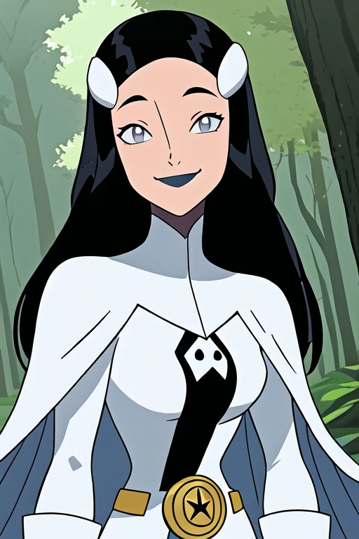 Tinya Wazzo, solo,black hair, long hair. grey eyes, smile, grey lips, white cape, best quality, masterpiece, 1girl, Masterpiece, Best Quality, Detail, Forest, cape in front, body caped, cape covered around, caped closed