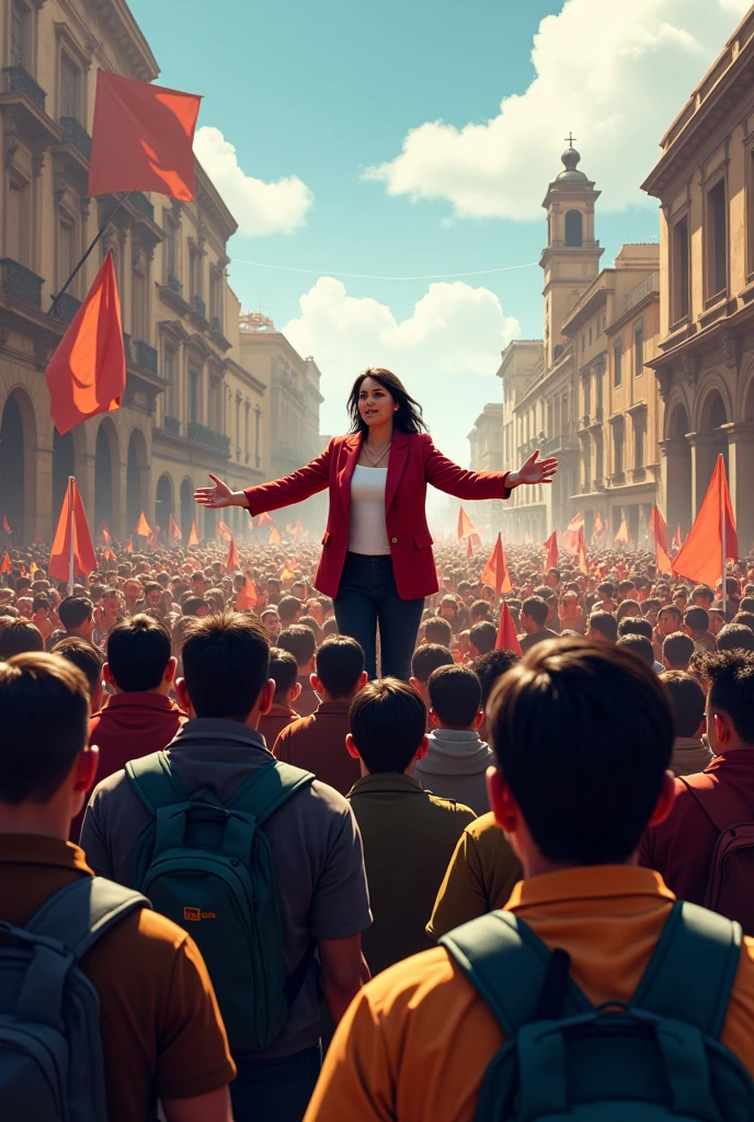 General view of a large demonstration in the square of Arequipa. In the middle, Maria Nieves Mayor stands with other leaders, inspiring the crowd with his presence