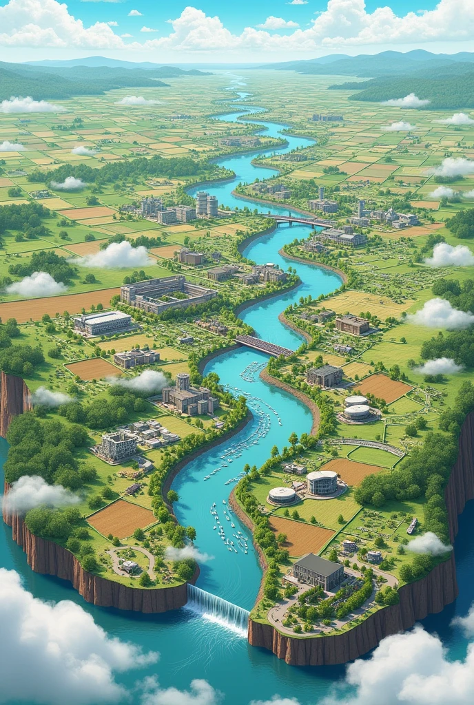 Illustration of a watershed that identifies the upper, middle and lower parts of the basin with industrial activities, Irrigation, pollution, cities and agriculture
