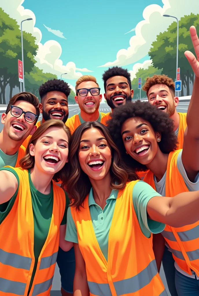 Men and women taking selfie together happily with parking signs, without helmets and with orange and green safety vests in animated illustration mode 