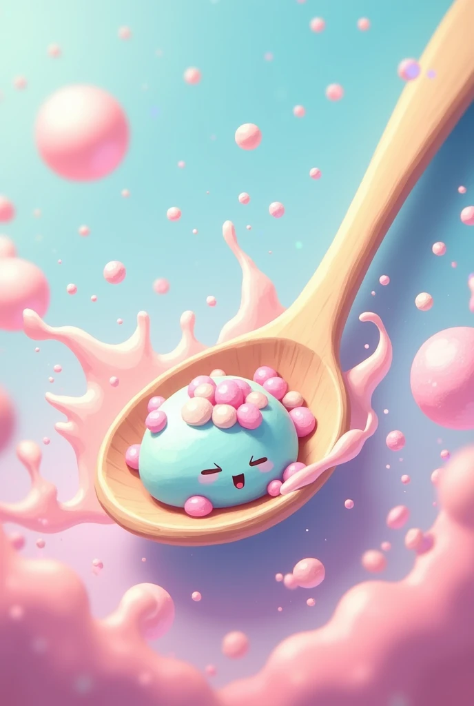 Make a small spoon with pastel sparkle tiny pebbles inside with splash art style around 2d anime like cute in motion