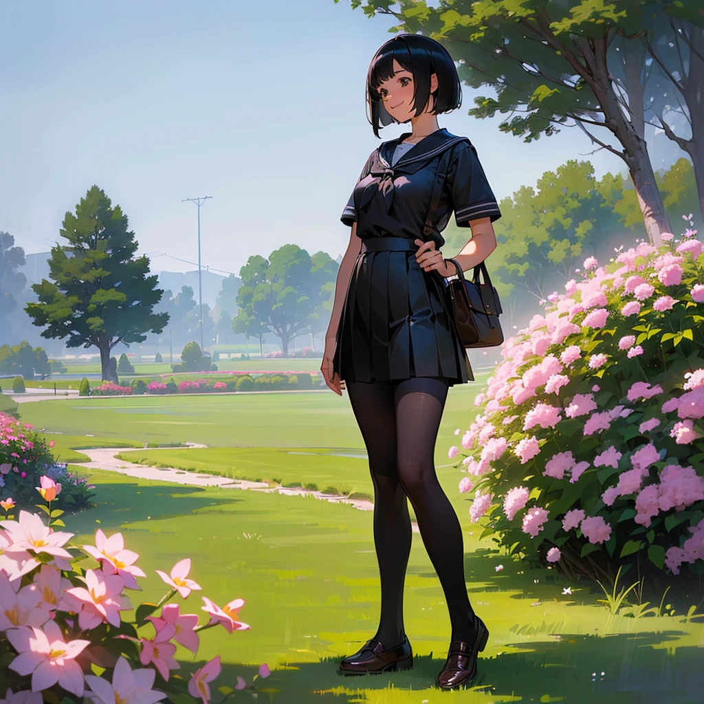 (Highest quality, High resolution, Super detailed, Realistic:1.37), Peaceful atmosphere, (Outdoor, garden), Teenage girl standing alone,(my breasts are big.),Beautifully detailed features, Cute Smile, ((Black bob hair)),Short-sleeved sailor uniform, Pleated skirt,Black tights,Brown leather shoes.