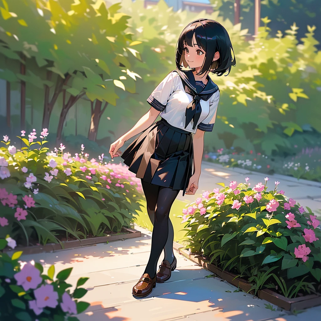 (Highest quality, High resolution, Super detailed, Realistic:1.37), Peaceful atmosphere, (Outdoor, garden), Teenage girl standing alone,(my breasts are big.),Beautifully detailed features, Cute Smile, ((Black bob hair)),Short-sleeved sailor uniform, Pleated skirt,Black tights,Brown leather shoes.