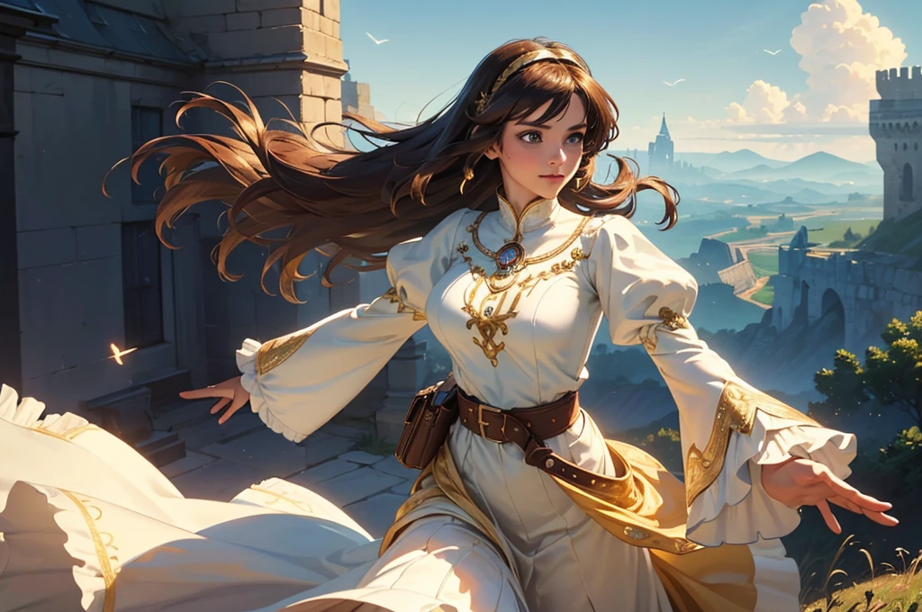 (Cowboy shot), (photo realistic:1.35), masterpiece, best quality, CG, wallpaper, HDR, high quality, high-definition, extremely detailed,
1girl, brown short hair, blue eyes,
(highly detailed Caucasian skin:1.2),
(Rounded large breasts),
kind smile,
break
(retro artstyle),
(Serene and goddess-like),
(glowing lightly gold),
long sleeves, dress, juliet sleeves,
puffy sleeves, belt, hairband,
break
((fly through the sky with my hands outstretched)),
(hair is fluttering:1.25), (clothes are fluttering:1.25),
well sunlit,
perfect female anatomy, two legs, two feet, two arms,
break
see a castle in the sky in the distance,
horizon