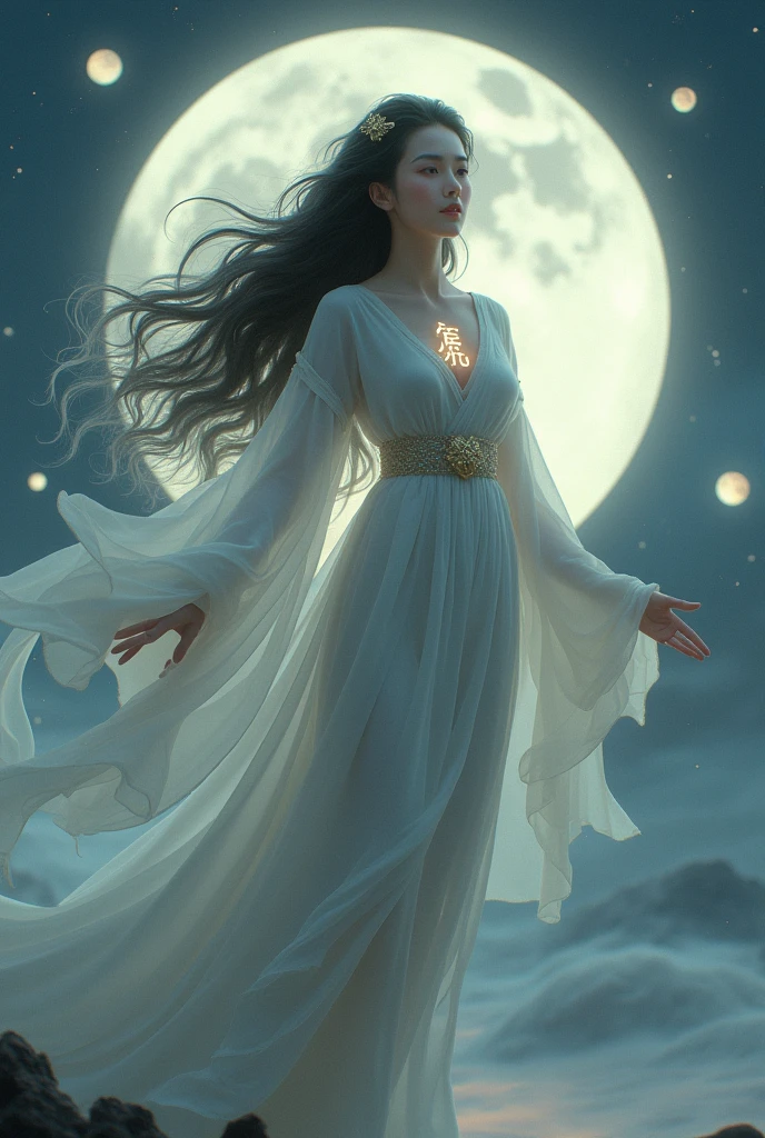 Generate an image of make another one but make it that the small different ring of moon lunar position small moons behind her make sure there's Cancer ♋ as tattoo that glowing Goddess appearance, long wavy hair. Her looks is like Asian japanese her clothes is majestic goddess standing and behind her theres Ring of moons she is floating