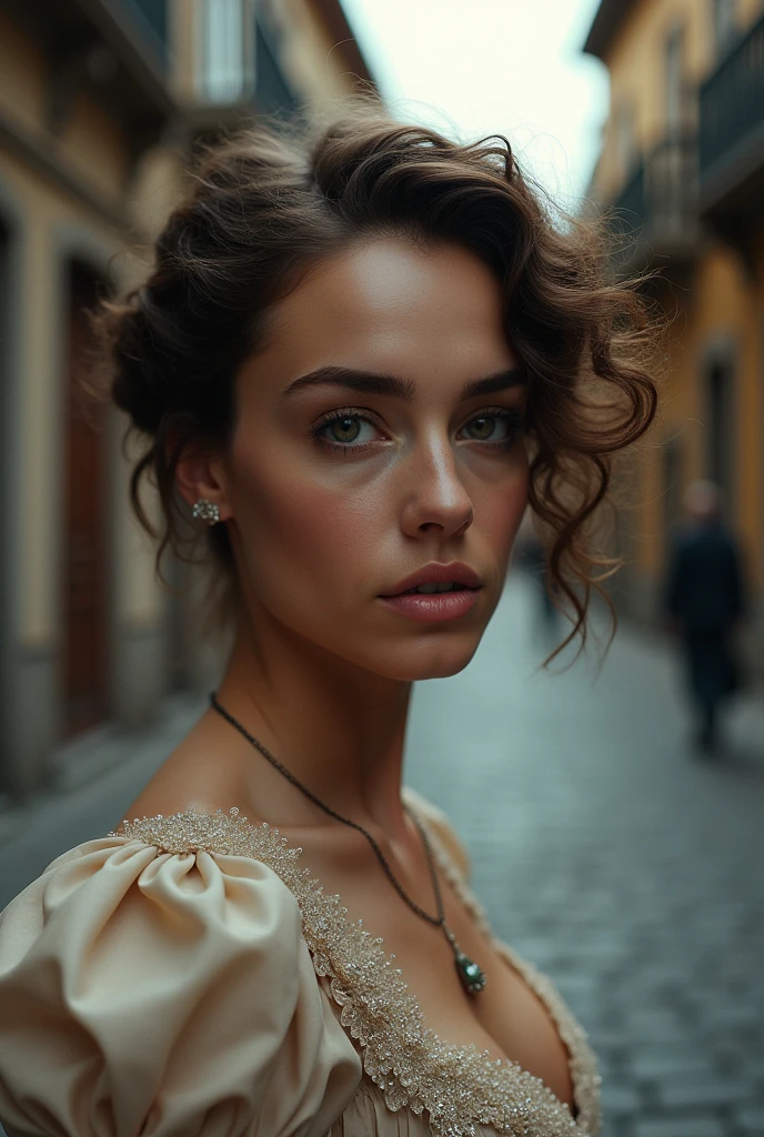 (a closeup of a beautiful  on a 19th century street in a vintage dress), (Serious:0.5), (Highly detailed face:1.4), ass pov, Nikon D850, film stock photograph, 4 Kodak Portra 400, camera f1.6 lens, saturated colors, hyper realistic, lifelike texture, dramatic lighting, Cinestill 800, 19th-century Victorian style, Evening, Vintage lighting, Medium curly hair
