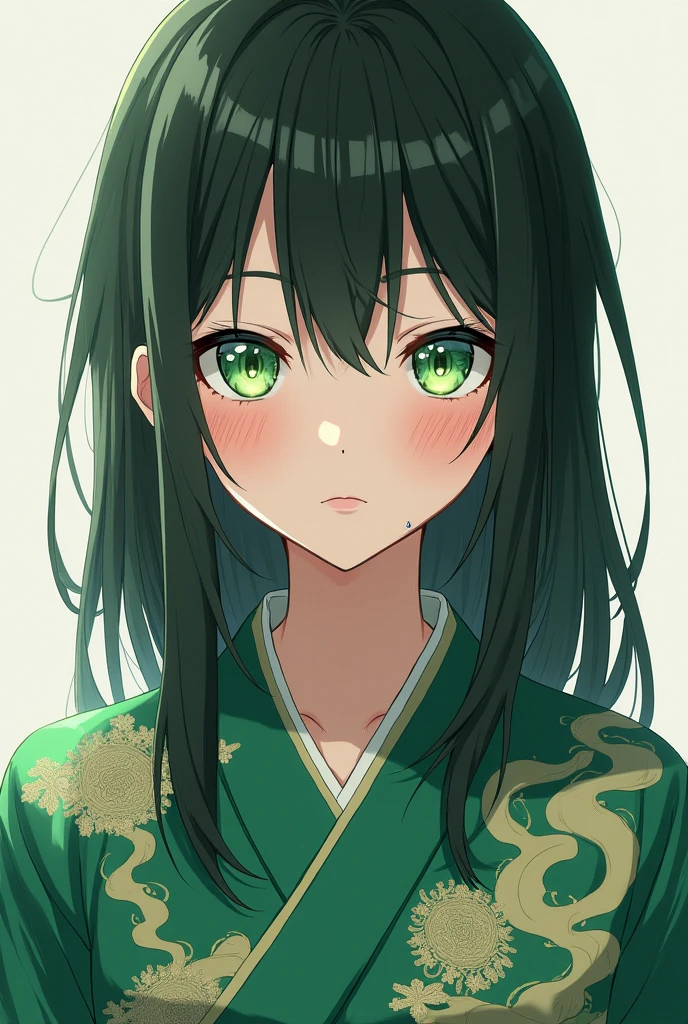 /imagine demon slayer anime girl with pale skin. She must pale green eyes her eyes must not be back but more fox shaped. Stoic expression. She must have 2 beauty marks on her one under right eye and one under her lip. She must straight untied hair. Her haori is green with pretty Japanese cloud/smoke patterns.