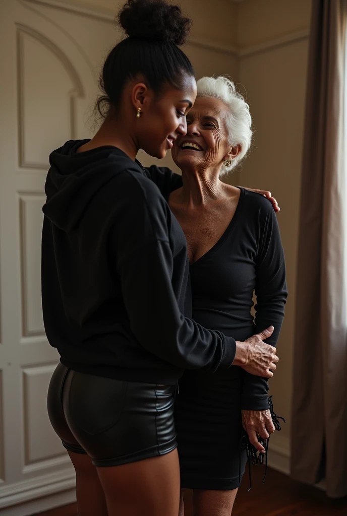 black woman hair in a bun black hoodie black leather short shorts being fucked in the ass by a old grandma in a dress