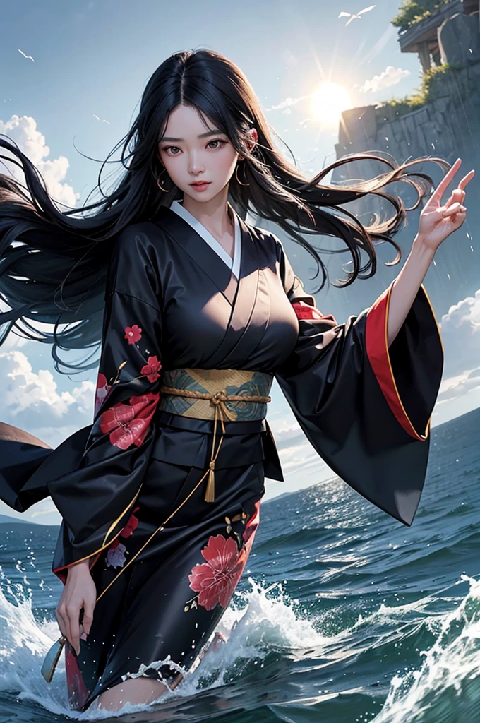 A black-haired woman in a kimono uses wind magic to fly into the sky, manipulate water, and blow away the rain. A bust-up of a beautiful woman with flowing hair calling for the sun.
