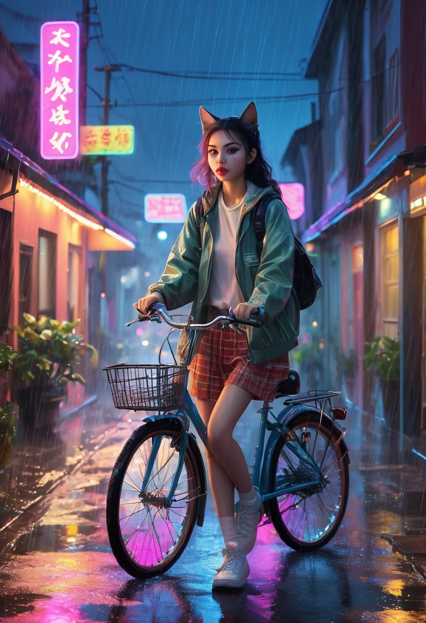 a surreal scene, a bicycle, a cat, a residential area, rain, a sense of speed, 1girl, beautiful detailed eyes, beautiful detailed lips, extremely detailed eyes and face, long eyelashes, riding a bicycle, speeding through a rainy residential neighborhood, chasing a cat, floating objects, neon lights, vibrant colors, glowing effects, cinematic lighting, (best quality,4k,8k,highres,masterpiece:1.2),ultra-detailed,(realistic,photorealistic,photo-realistic:1.37),concept art,digital painting