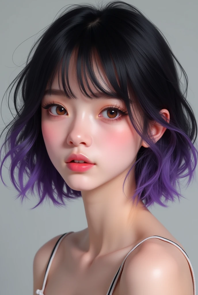 Very realistic young woman, Caucasian skin, short dark hair with purple tips and long bangs, small, rosy lips, eyes black. Her expression is soft, Your smile is kind and sweet.