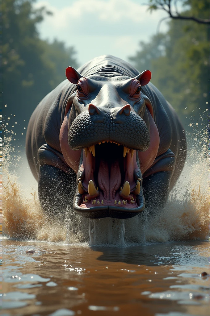 Realistic photos, RAW Photos, hippopotamus, attacks viewer, Powerful movements, jump on prey, ((Dynamic jump)), Sharp Claws, hippopotamus approaching from above, sudden approach, Bad-tempered, dynamic Shot from grand