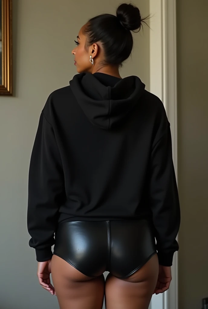 black woman hair in a bun black hoodie black leather short shorts being fucked in the ass by a old grandma in a dress