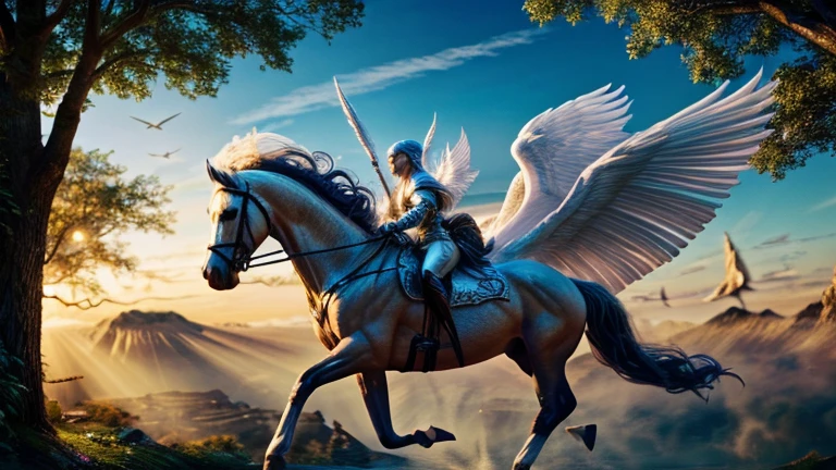 A white winged horse, mythical creature, beautiful detailed eyes, beautiful detailed lips, extremely detailed face, longeyelashes, majestic, graceful, powerful wings, glowing horn, magical fantasy landscape, enchanted forest, sunlight filtering through trees, (best quality,4k,8k,highres,masterpiece:1.2),ultra-detailed,(realistic,photorealistic,photo-realistic:1.37),intricate details,vibrant colors,dramatic lighting,cinematic composition