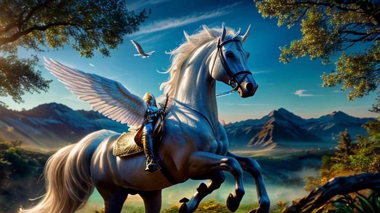 A white winged horse, mythical creature, beautiful detailed eyes, beautiful detailed lips, extremely detailed face, longeyelashes, majestic, graceful, powerful wings, glowing horn, magical fantasy landscape, enchanted forest, sunlight filtering through trees, (best quality,4k,8k,highres,masterpiece:1.2),ultra-detailed,(realistic,photorealistic,photo-realistic:1.37),intricate details,vibrant colors,dramatic lighting,cinematic composition