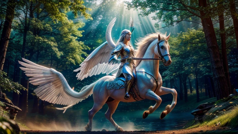 A white winged horse, mythical creature, beautiful detailed eyes, beautiful detailed lips, extremely detailed face, longeyelashes, majestic, graceful, powerful wings, glowing horn, magical fantasy landscape, enchanted forest, sunlight filtering through trees, (best quality,4k,8k,highres,masterpiece:1.2),ultra-detailed,(realistic,photorealistic,photo-realistic:1.37),intricate details,vibrant colors,dramatic lighting,cinematic composition