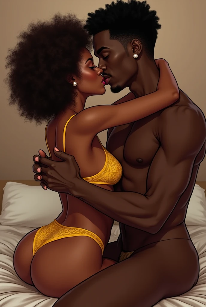 Young black woman with brown skin ,big butt yellow eyes, light brown curly hair , thin waist, defined abdomen and big butt wearing a yellow lace crop top , kissing a tall, dark-skinned African man on the mouth intensely on top of the bed with hands clasped together