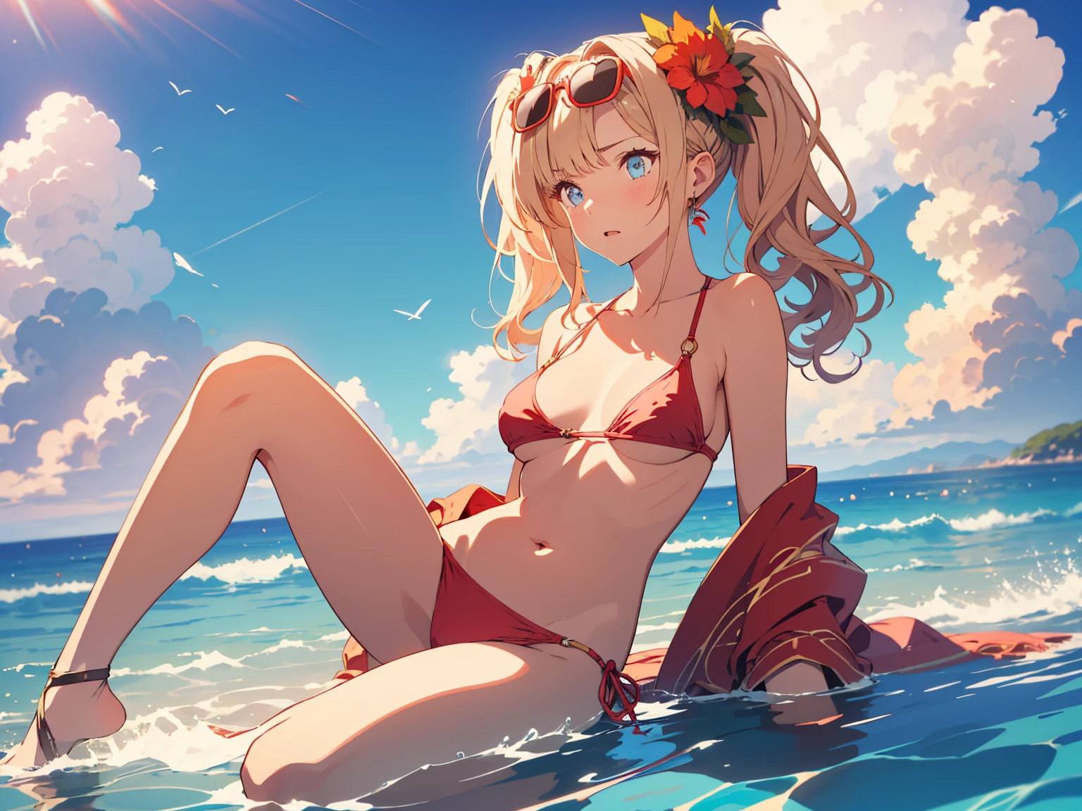 nsfw,( masterpiece), best quality, expressive eyes, perfect face, highres, moody angle, medium breast, full body, solo, embarrassed, erotick expression
, 1girl, zetasummer, hair intakes, twintails, hair flower, sunglasses, eyewear on head, red bikini, o-ring, shawl, side-tie bikini bottom, jewelry, bracelet, breast, nipples, background, beach, ( show off nipple:1.2),( bare breasts, breast exposed:1.3), portrait, 