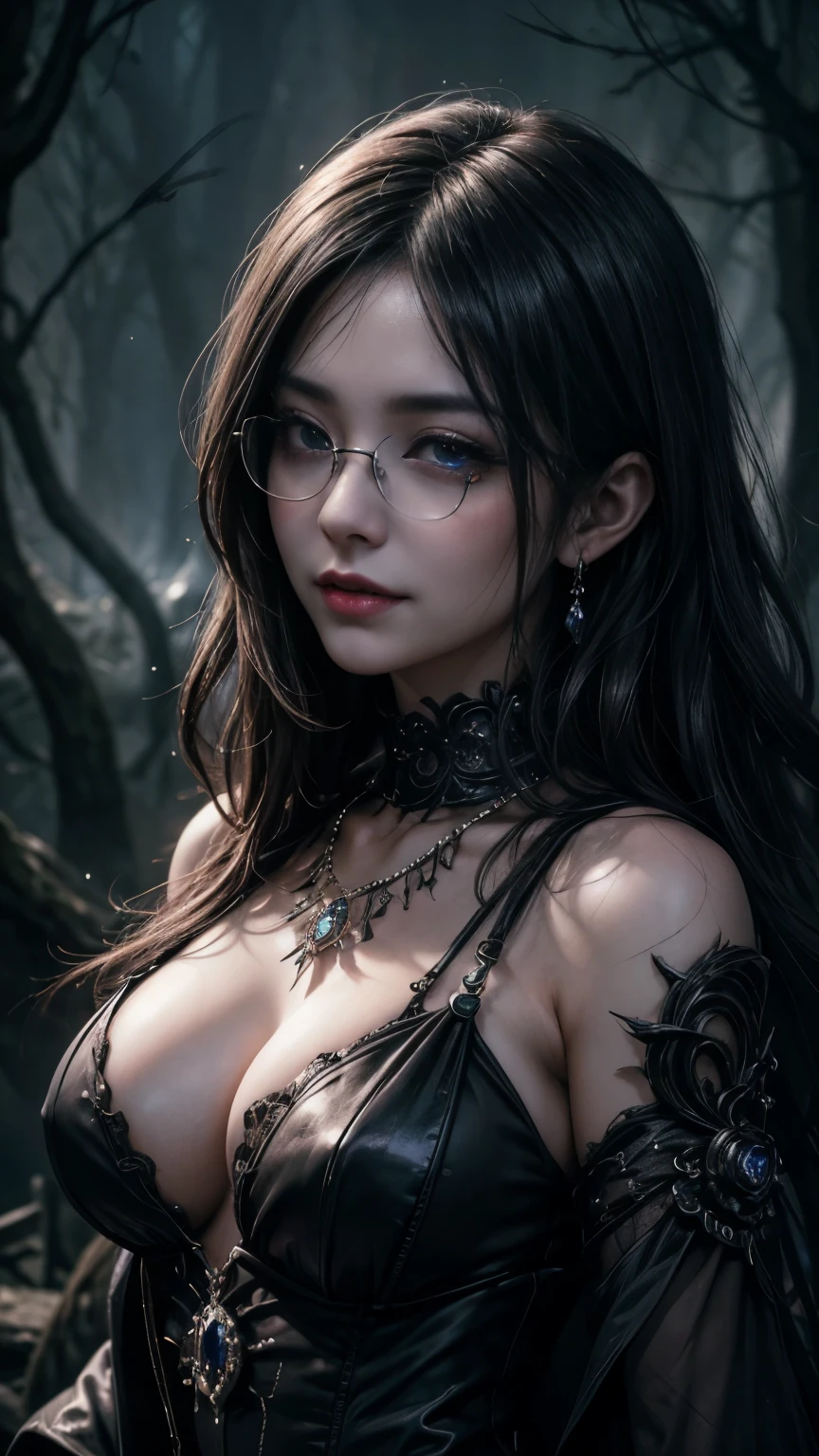 (Highest quality,4K,8k,High resolution,masterpiece:1.2),Very detailed,(Realistic,photoRealistic,photo-Realistic:1.37), Close-up of a woman with dark hair and a black dress, Dark Eyes,an  ominous笑顔,((((Glasses))))、((((big sapphire necklace))))、Evil Aura,Burning Flames,Soul corruption,Dark Shadows,an  ominous雰囲気,Strange symbols,Cursed Land,Eternal Darkness,Unforgettable Exists,Intimidating figure,Grotesque features,Horror Scene,twisted reality,Scary atmosphere,A wonderful work of art,Unleashed evil,Supernatural horror,Spooky art,nightmare fuel,Terrifyingly vivid,Abstract fear,Beautifully terrifying,masterpiece,Embodiment of fear,Shadow chaos,Exists,to be born々Shii Darkness,in style of Dark Fantasy Art, Dark Fantasy Art, Beautiful and elegant queen of darkness, Dark Fantasy Art, Fantasy Dark Art, Dark fantasy digital art, Gothic fantasy art, Gothic Dark Maiden, Detailed Texture,Spooky creatures,an  ominous雰囲気,Mythical,Space horror,darkness,mysterious,Dark aesthetic,Fog Background,Otherworldly eyes,Ancient Gods々々々々々々, Powerful wizard, mysteriousStanding in the woods. A loose robe decorated with symbols, Arms stretched out, Powerful,Tentacles,Pitch black blackness,Majestic,Unfathomable depths,nightmare,The Exists of the universe,an  ominousExists,seeping darknesss,Secrets of the Universe, (Spooky atmosphere), (((Dramatic Shadows), (Dynamic pose), ((Artistically rendered)), ((charm), (Gothic), (mysterious Setting), (Moody color palette), (Skillfully drawn), (sense of unease), (Intricate details), (an  ominous smile), (an  ominous), (charm eyes), (Horror elements), (charm composition), (Impressive anatomy),(Striking contrast))), (Interesting character designs)、Dark Fantasy Portrait, Portrait of the dark goddess, 