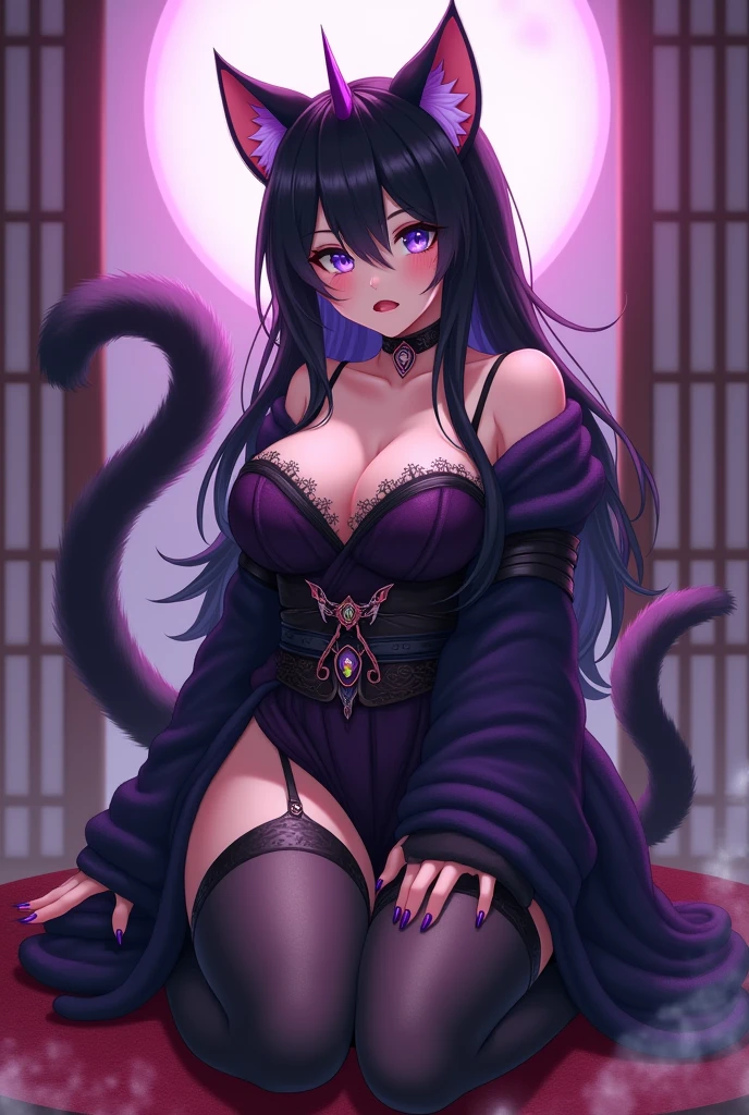 furry cat girl, anime western style art, small cat ears, huge breasts, blue blue and violet colored cat eyes, slit irises, thin iris, violet mist aura,  body, jet black kimono laced with dark purple linen, cat fur covering body, violet claws, furry person, paws, cat face, muzzle, Japanese background, paws, demonic violet aura, long hair, silky hair, straight hair, black fur covering entire body, Multiple tails, small purple demon single horn on forehead, toe-beans on paws, purple claws, visible paw pads, cute, magical violet aura, black fur, purple gemstone kimono, 2 cat tails. Furry Wings, Medium sized Wings, kneeling, large smile, straight hair, kneeling pose, legs spread, adorable, paws, fur covering entire body, furry paws, fluffy, dommy mommy, ara ara, thicc, big thighs, lewd,


