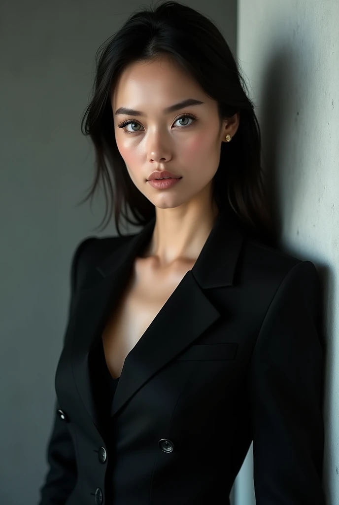a young woman, with black suit, macha, blue eyes and thin