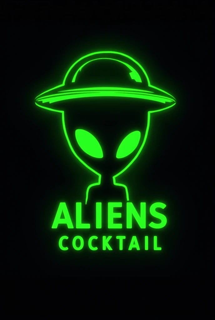 Logo with the silhouette of a UFO and an alien in neon green and that says Aliens Cocktail