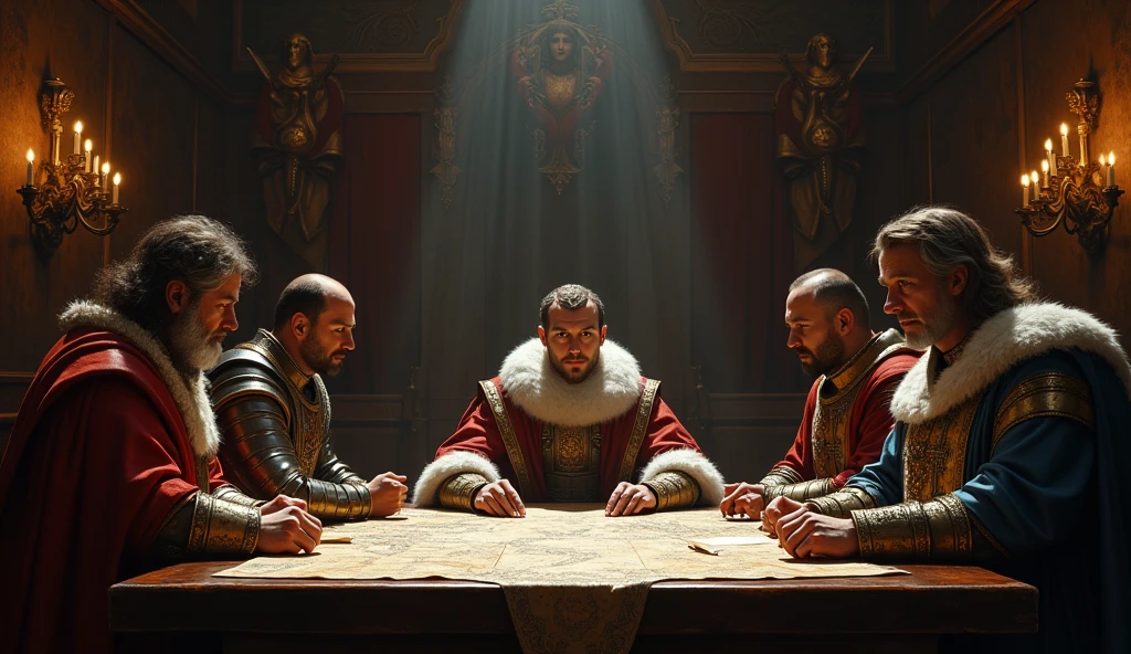 An evocative illustration depicting Edward III in a dimly lit chamber, meeting with leaders from Flanders and the Holy Roman Empire. The scene is richly detailed, capturing the solemnity and gravity of the moment as the leaders sign treaties and forge alliances. Edward III is shown at the center, dressed in regal, historically accurate attire, with a focused expression. The other leaders, in their elaborate medieval garb, are gathered around a large wooden table covered with maps and documents. The atmosphere is heavy with tension and anticipation, enhanced by the dark, dramatic lighting and shadowy corners of the room. Ornate candle sconces cast flickering light, creating a moody, cinematic ambiance. The backdrop features intricately decorated tapestries and medieval armor, adding depth and historical authenticity. The image, inspired by Edmund Blair Leighton's style, emphasizes the significance of these alliances with rich textures and a dramatic, evocative tone., Surrealism, Hyperrealism, UHD, retina, masterpiece, accurate, anatomically correct, textured skin, super detail, 16k