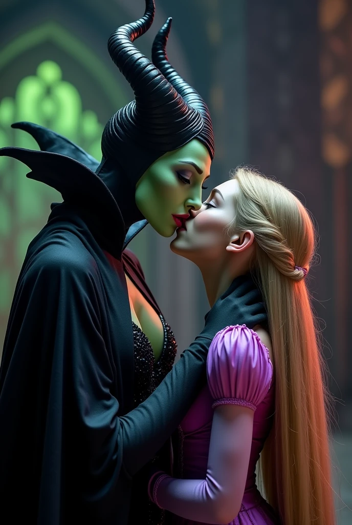A stunning closeup portrait of Maleficent fondling her breasts, she is fertile and wants to breed, location is dungeon interior, purple and green light, breasts, powerful, pale eyes, she is kissing a young Rapunzel, Rapunzel is young and has long blonde hair that is 100 feet long