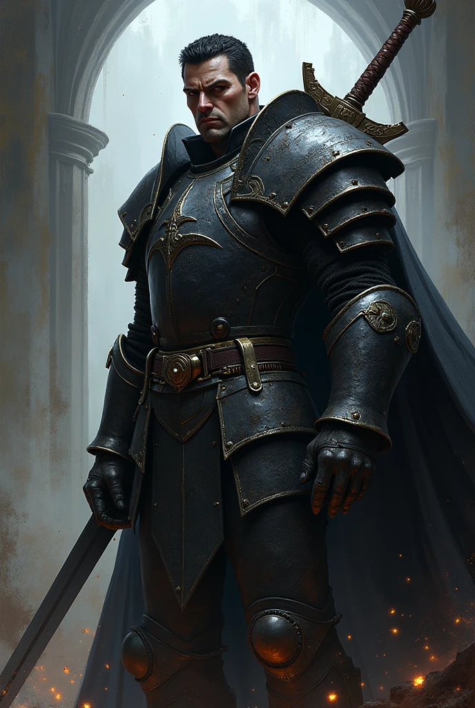 Guts the Black Swordsman with black Dragon Slayer on his back, dressed in Berserk plate armor, short-hair, (Game of Thrones Art