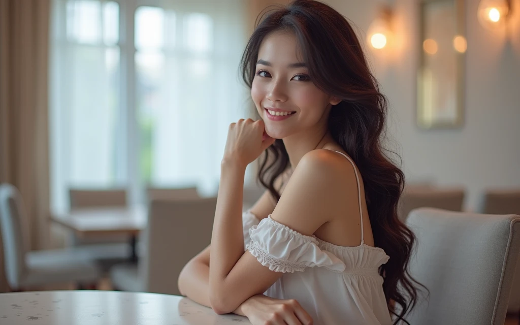 a young mixed asian and hispanic woman with long wavy hair wearing a white summer dress, sitting at a table, smiling, (high detail skin:1.2), 8K UHD, Digital SLR, High quality, filmgrain, Fujifilm XT3, perfect figure, (beautiful woman:1.4), ((wavy hair)), RAW photo, rim lighting, dim lighting, perfect ???????, anatomically correct, perfection proportions.
