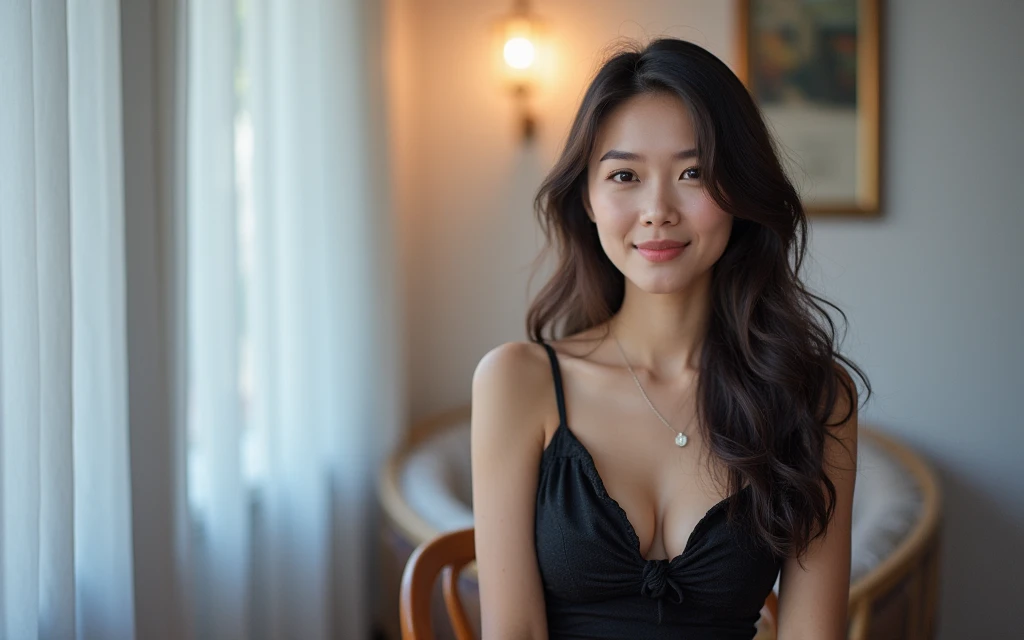 a young mixed asian and hispanic woman with long wavy hair wearing a white summer dress, sitting at a table, smiling, (high detail skin:1.2), 8K UHD, Digital SLR, High quality, filmgrain, Fujifilm XT3, perfect figure, (beautiful woman:1.4), ((wavy hair)), RAW photo, rim lighting, dim lighting, perfect anatomy, anatomically correct, perfection proportions.