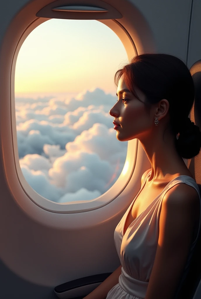 Create the image of a woman traveling on a plane, looking out the window at the clouds.
