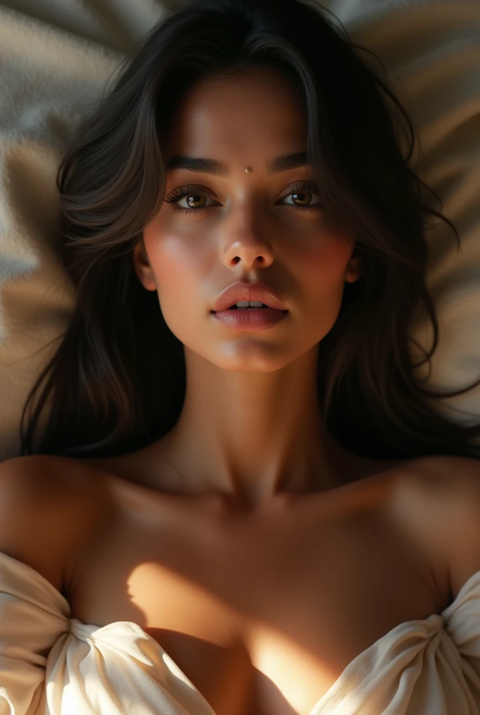 a beautiful young north indian woman with long silky hair, laying naked on a soft bed, looking embarrassed and bashful, (best quality,4k,8k,highres,masterpiece:1.2),ultra-detailed,(realistic,photorealistic,photo-realistic:1.37),delicate facial features,beautiful detailed eyes,beautiful detailed lips,extremely detailed eyes and face,longeyelashes,natural lighting,soft focus,elegant,sensua