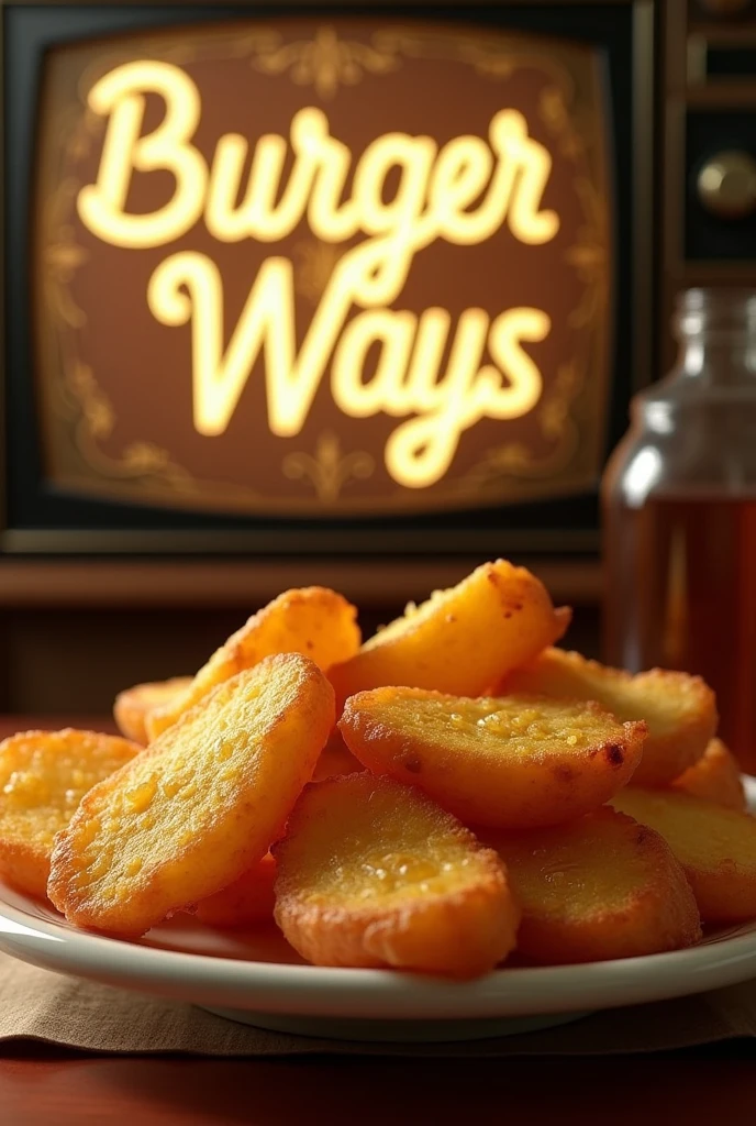 (photorealism:1.2), Fried potatos so crispy, a commercial break with text BURGER WAYS, by Greg Rutkowski, by Alphonse Mucha