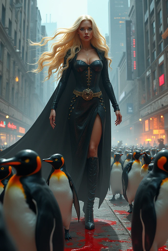 Beautiful blonde haired girly villainess commanding an army of evil Penguins to destroy a city. Lots of blood.