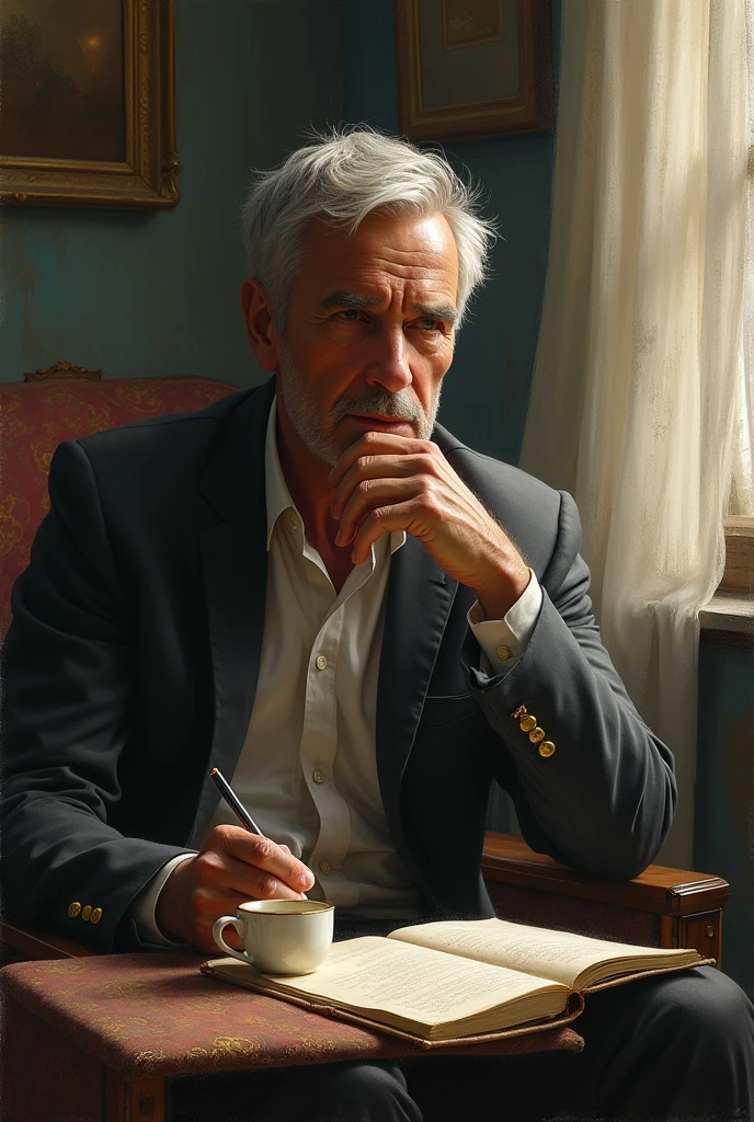 A man in a painting with a cup and a notebook next to him