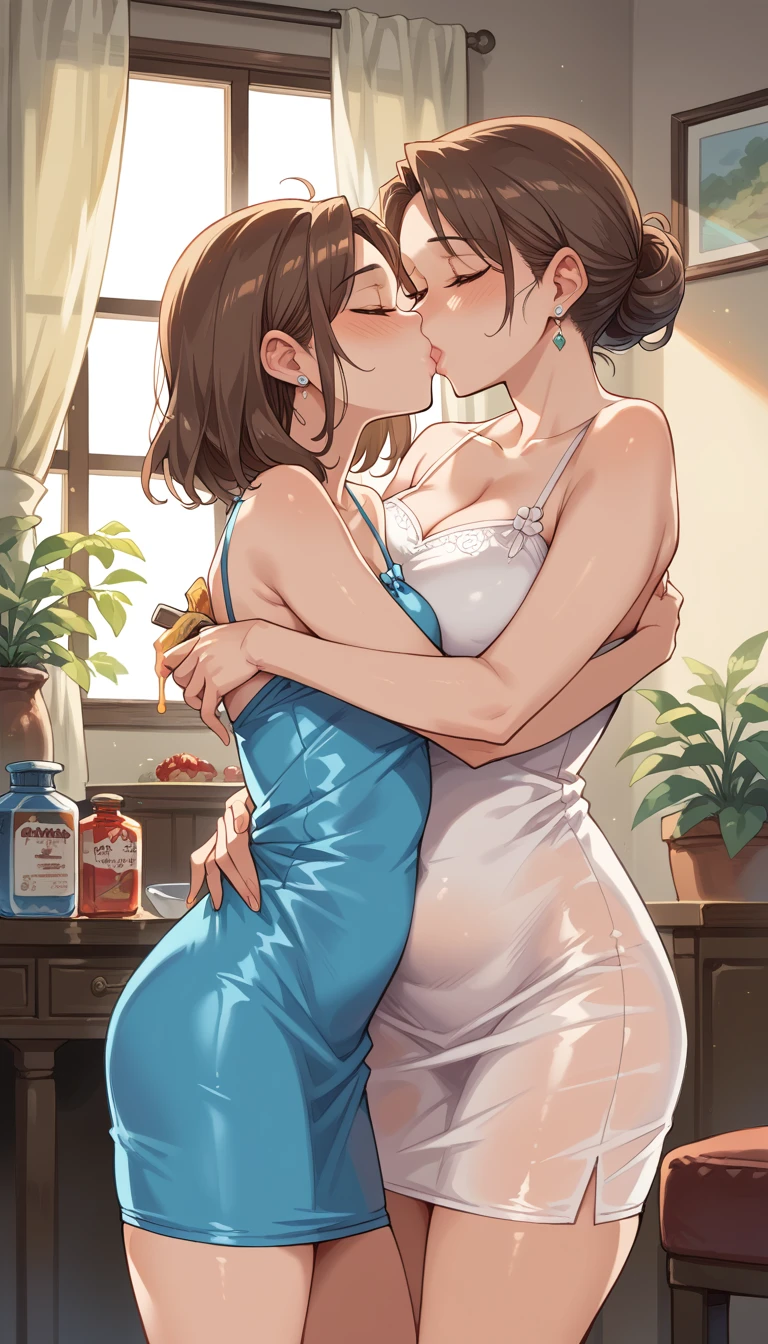 (Masterpiece, Best Quality, High Quality), from above professional artwork, well drawn, Intricate Details, from above, (((two girls in looking at each other and after kiss))), koizumi hanayo, Hoshizora rin, room, ultra detail hair, ultra detail face, perfect eyes, earring, blushing, embarrassed, dress, heavy breathing , breast press, sweating, night,under moonlight ,(sweaty:1.2), (orgasming:1.3)