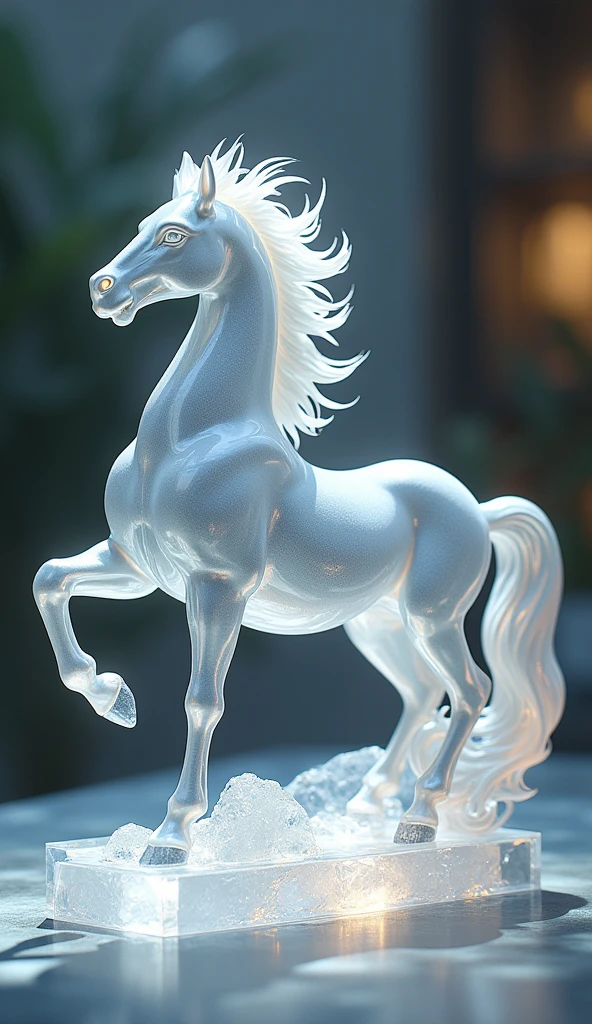 Centaur, a work of art carved from pearl platinum crystal, (ultra detailed, absolutely resolution, best quality:1.3), 2.5D, delicate and dynamic effects, iridescent lighting effects, artistic photography, hyper realistic