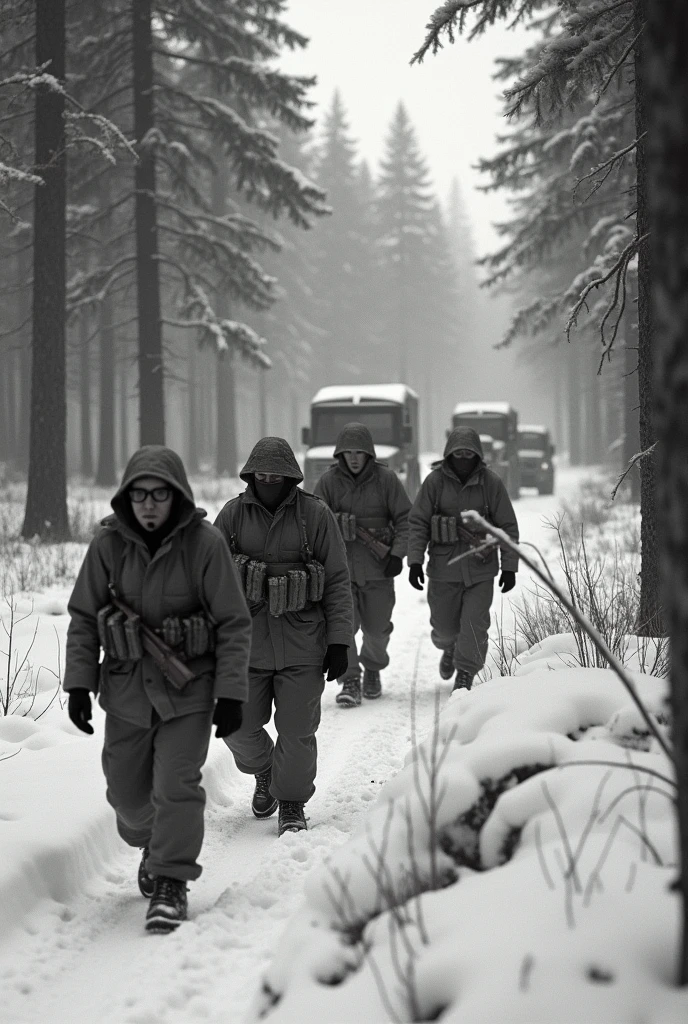 make a photography side view horizon among the trees, photography among the trees, sneakily, the soldiers are far away, photograph of soldiers behind trees/conifers being mobilized sneakly, in snow suits, winter glasses, masked and wearing helmets, bad quality, sneakily view, 1950s, black and white, sneakily photo, photography among the trees, photography among the trees, sneakily, the soldiers are far away, side view horizon, military vehicles trucks grey in horizon, all in horizon